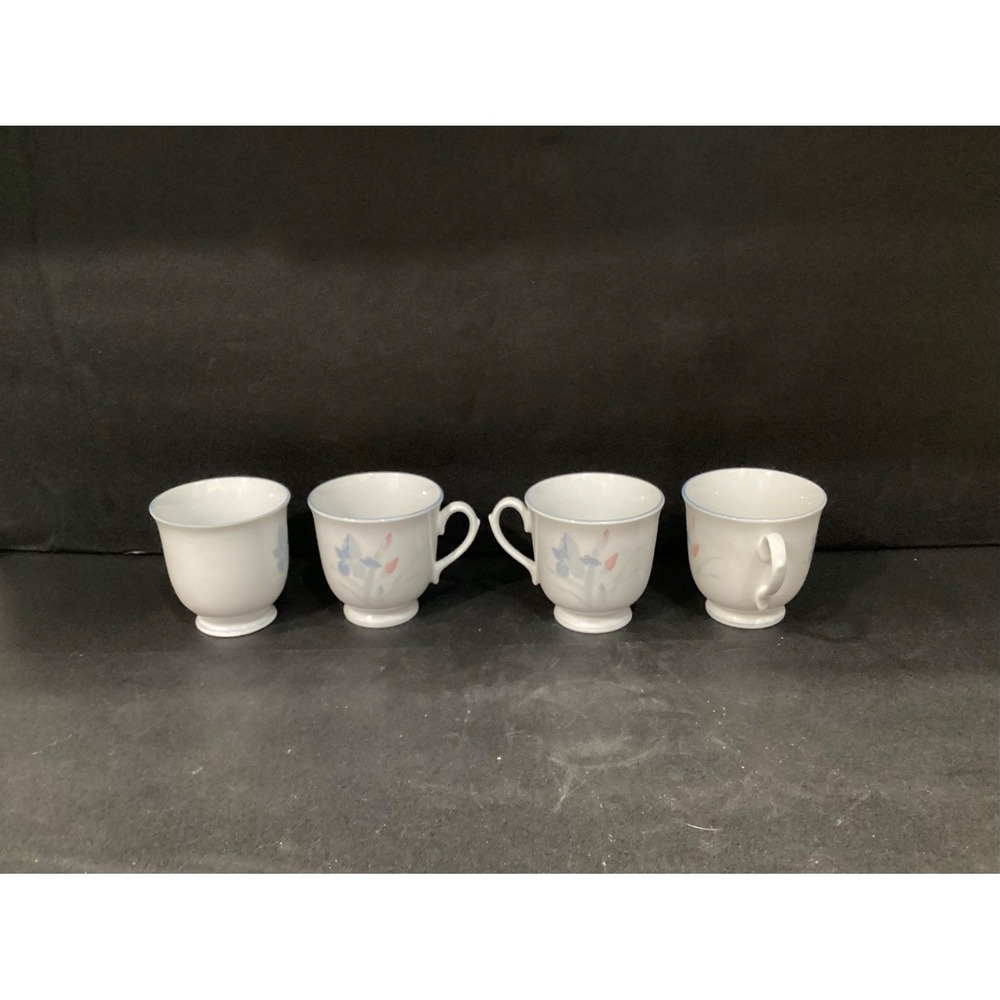 Set of 4 Excel Fresh Flowers Iris Coffee Cups Footed Blues & Pinks Floral Pastel